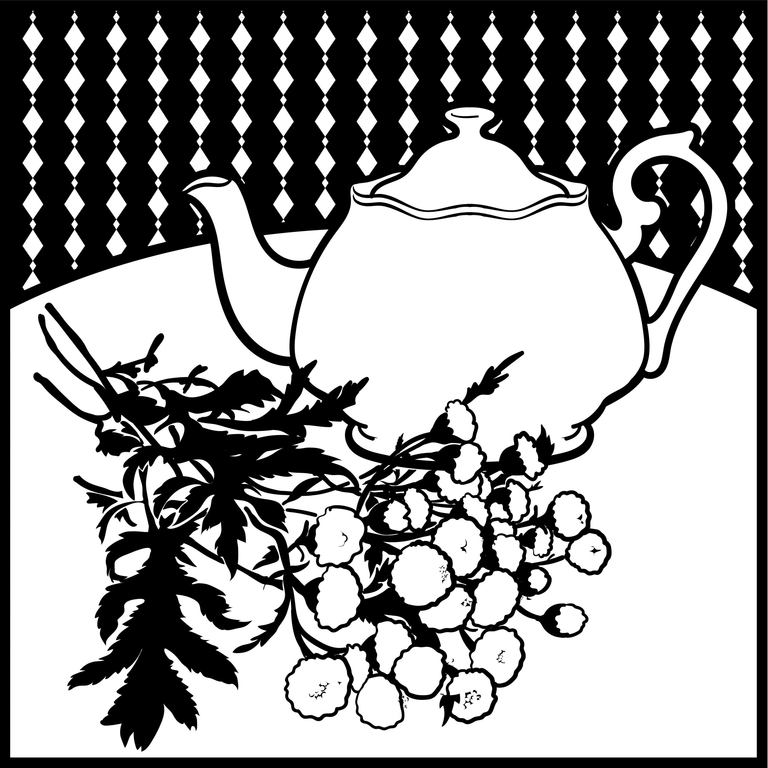 Black and white illustration of a teapot with a bunch of tansy leaves and flowers nearby