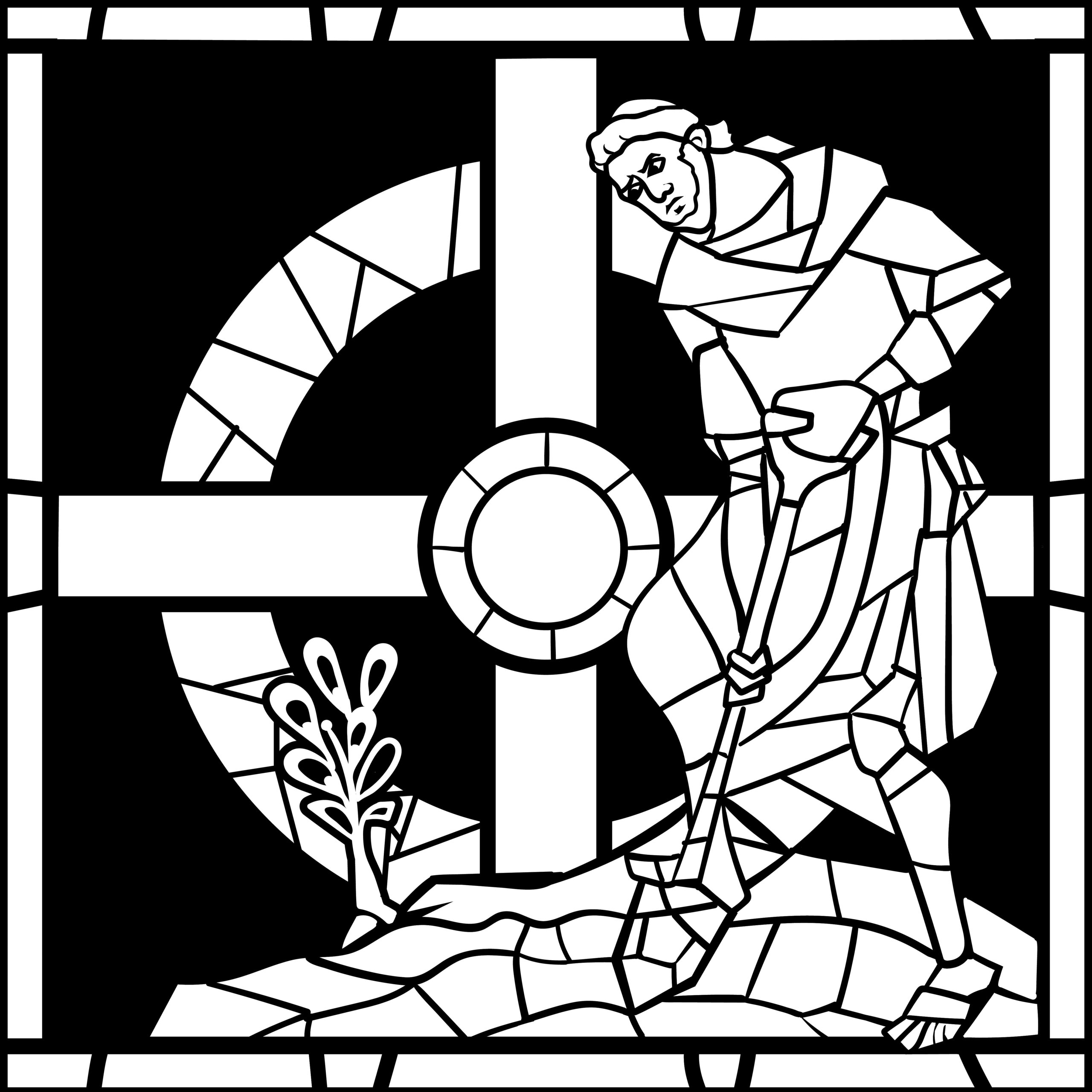 Black and white illustration in a stained glass style of a monk digging up a plant