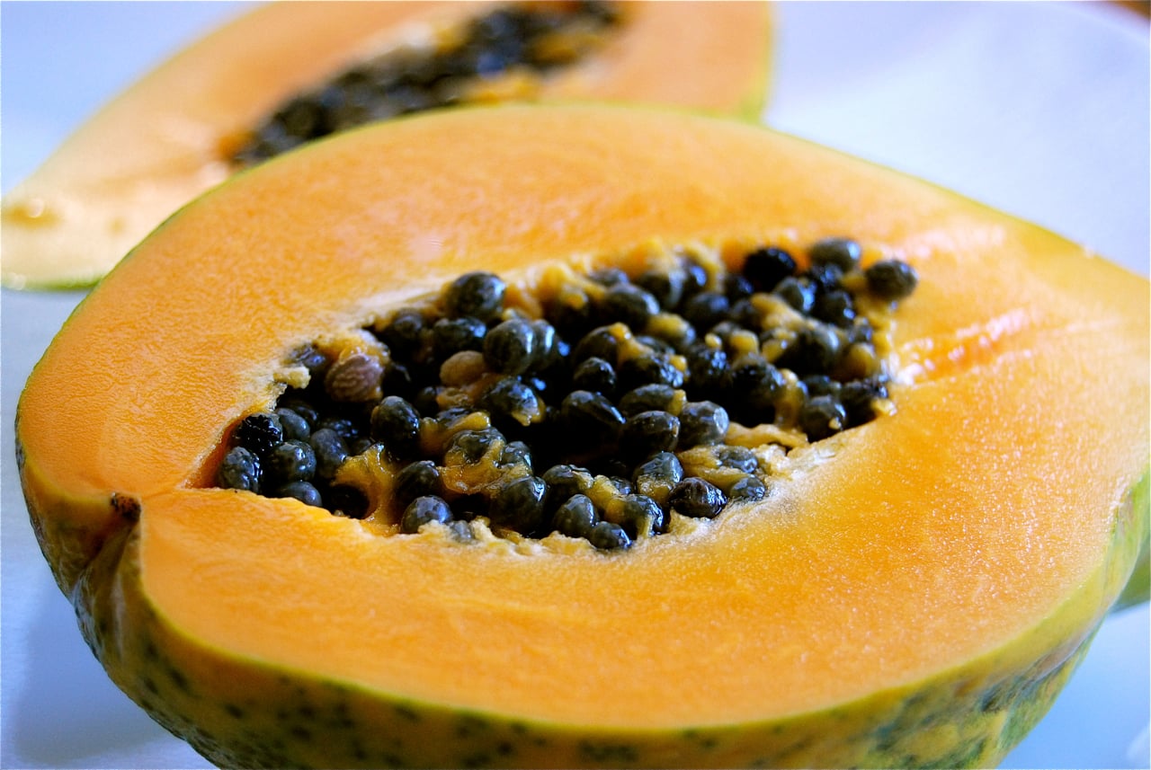 Ripe papaya fruit with interior seeds