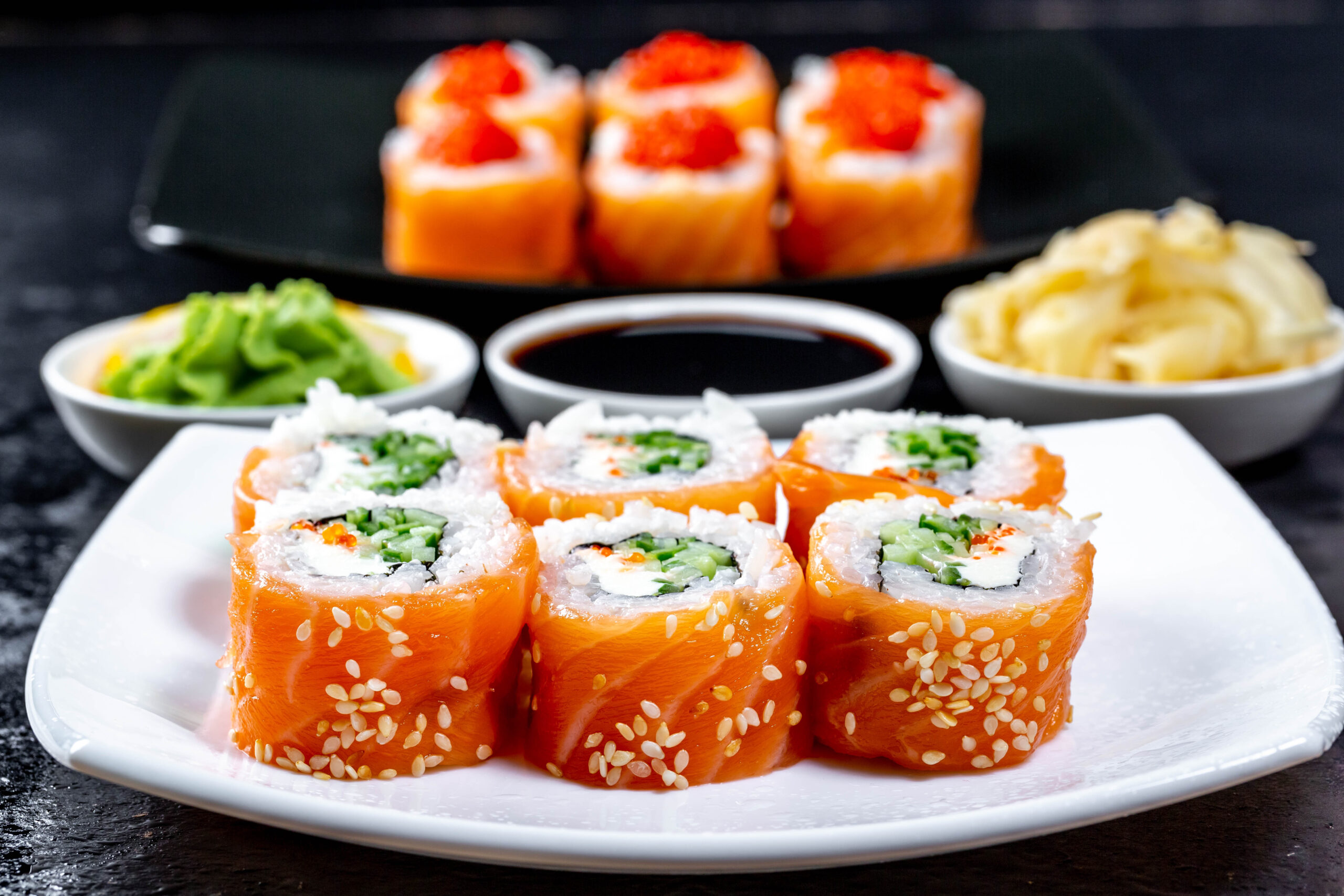 Sushi with pickled ginger, wasabi and soy sauce