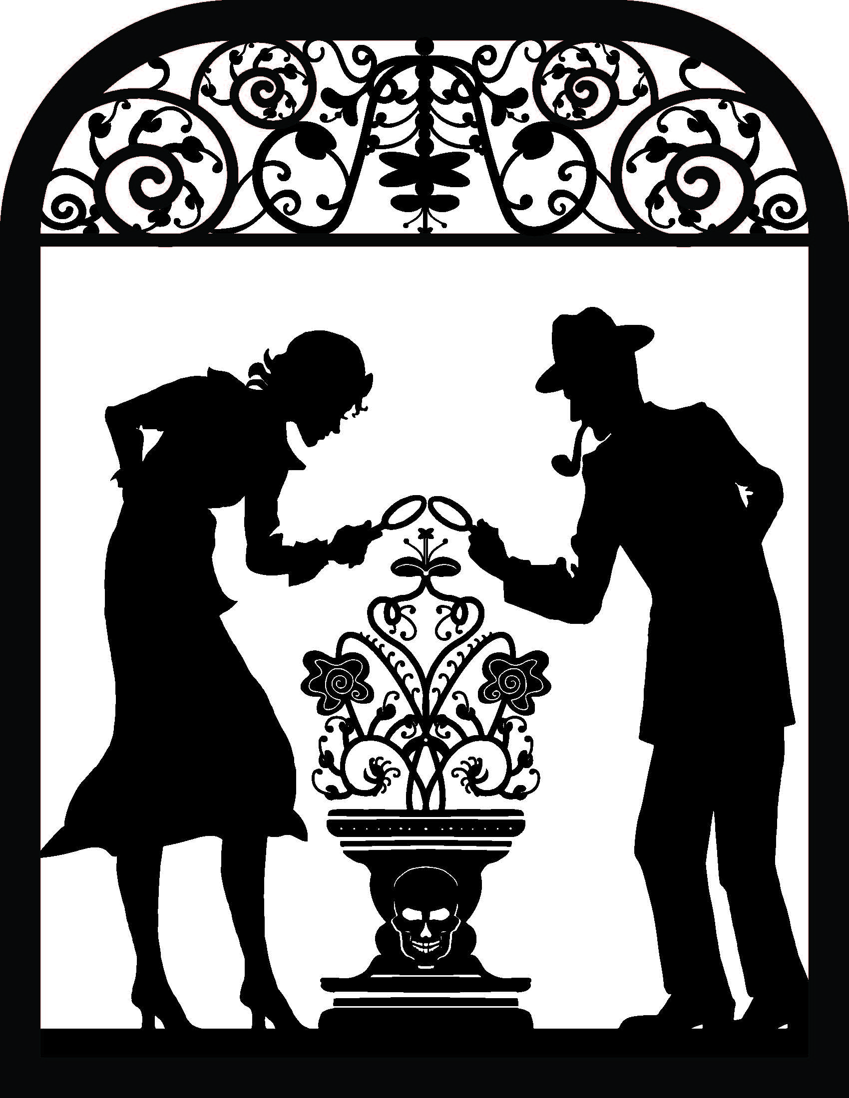 A silhouette of detectives peering through magnifying glasses at a flower