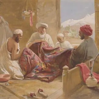 Painting of shawl makers in Kashmir, 1867, by William Simpsom