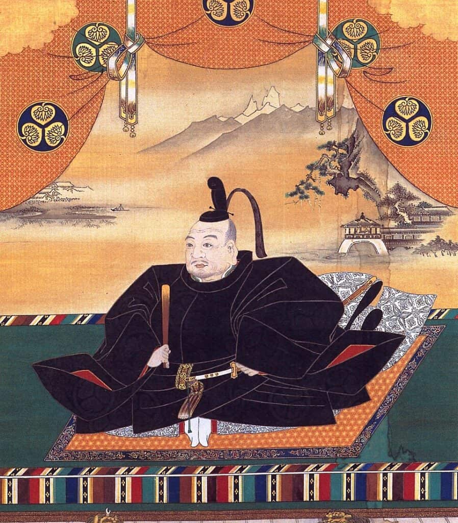 Traditional Japanese painting of a nobleman in formal attire with landscape background.