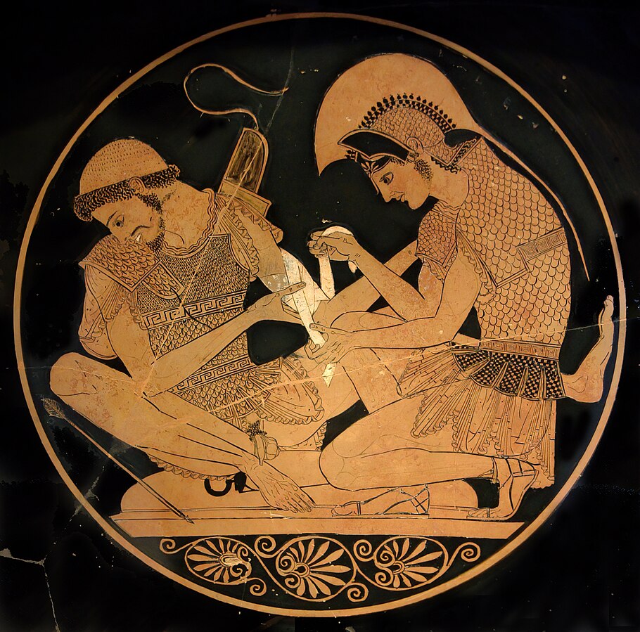Sepia toned illustration on black background of Achilles tending the wounds of Patroclus