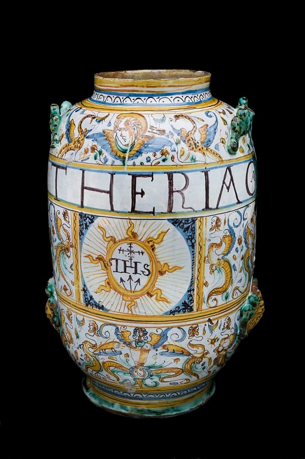 Ornately painted vase for theriac