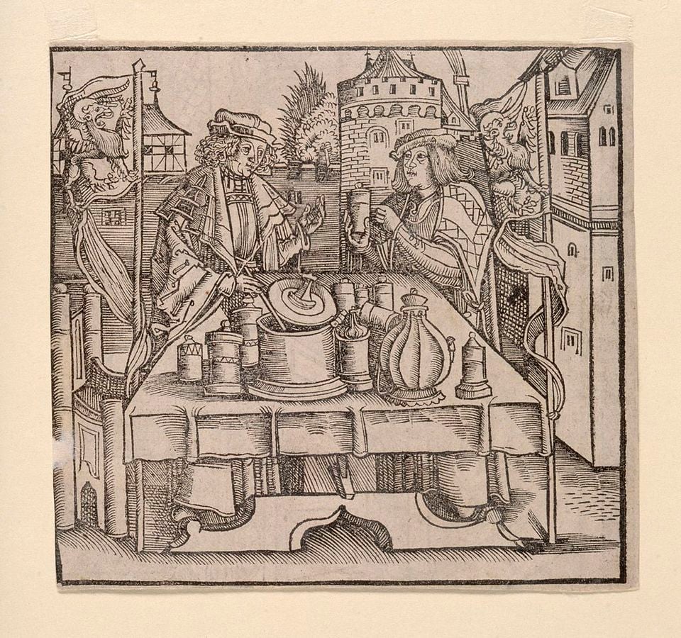 Historic line drawing of an apothecary publicly preparing theriac