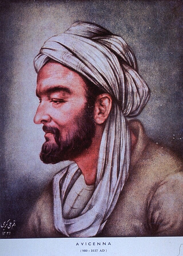 An illustration of Avicenna, with a dark beard and mustache and wearing a white turban