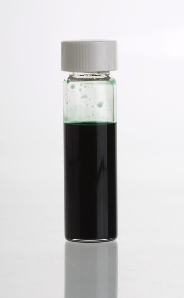 A small glass vial of dark blue chamomile essential oil