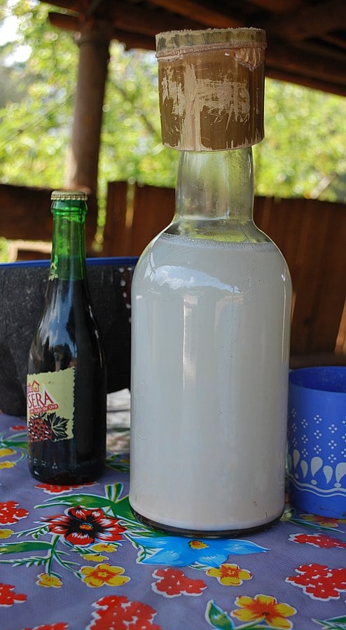 Small glass bottle of a milky pulque on a flowered table cloth