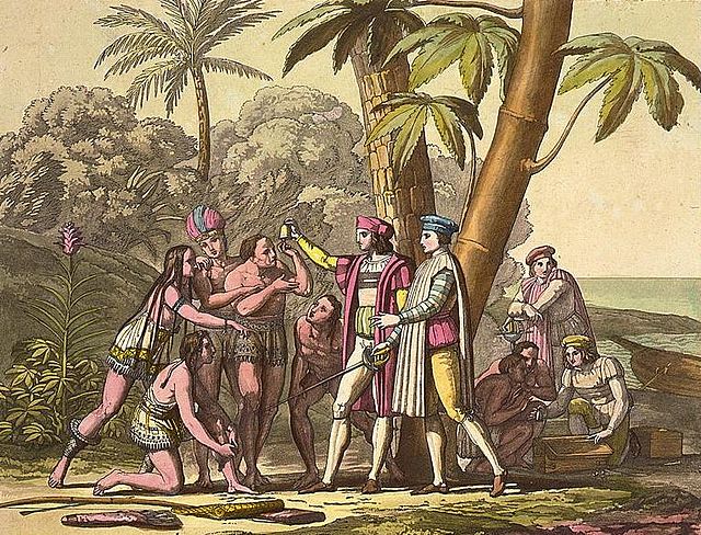 An illustration of Christopher Columbus landing in the new world