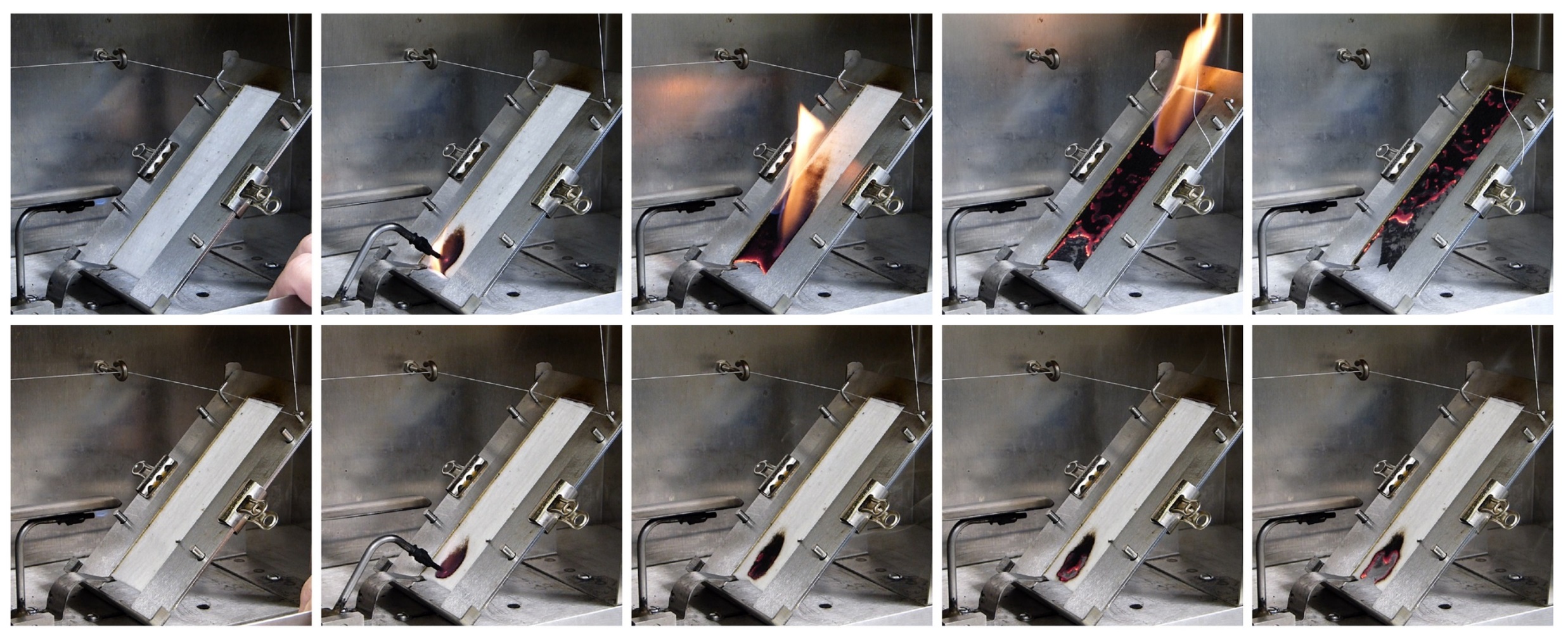 Two swathes of cotton are exposed to flame. One catches fire while the other just slowly smolders.