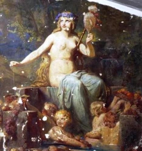 A painting of Frau Holda is draped in a clothe surrounded by young children
