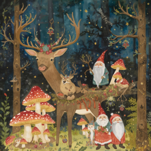Painting of Christmas scene with reindeer, Christmas gnomes, and Amanita mushrooms
