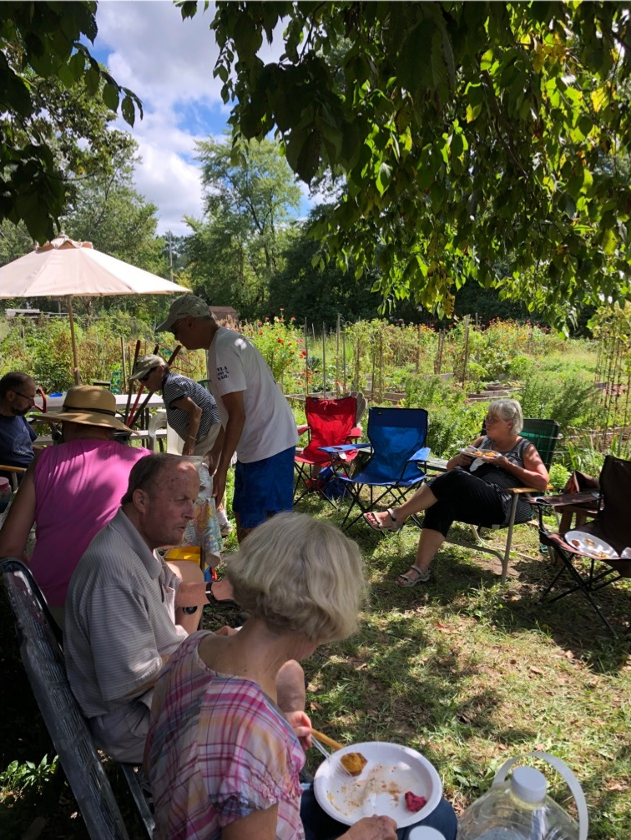 People sitting in chairs outside, eating under trees