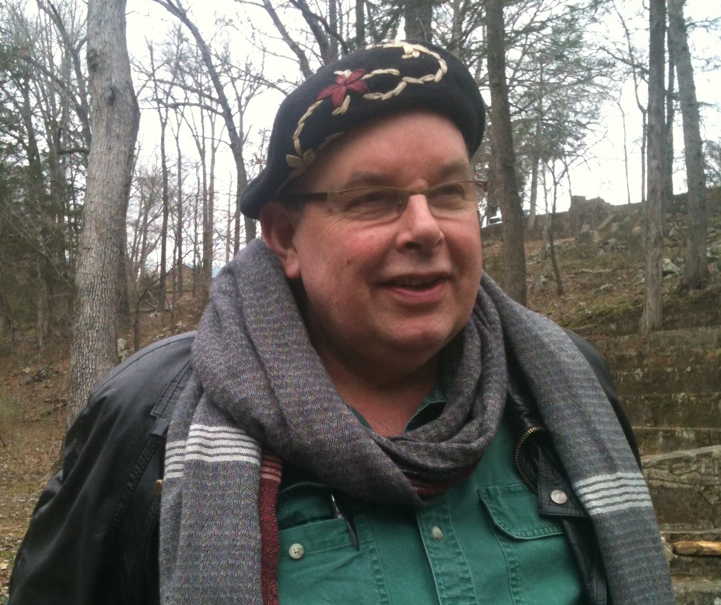 Steven Foster on hike in the woods wearing Rosemary Gladstar's beret