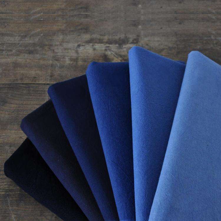 Six shades of indigo-dyed cotton