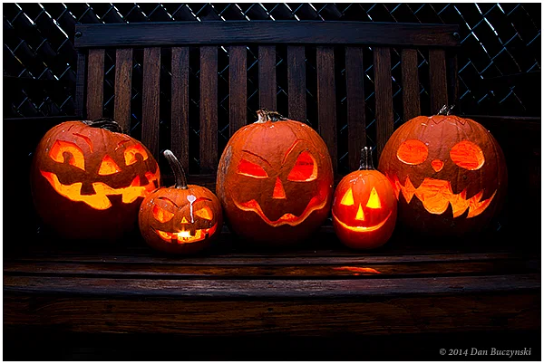 Carved jack o lanterns on a wooden bench