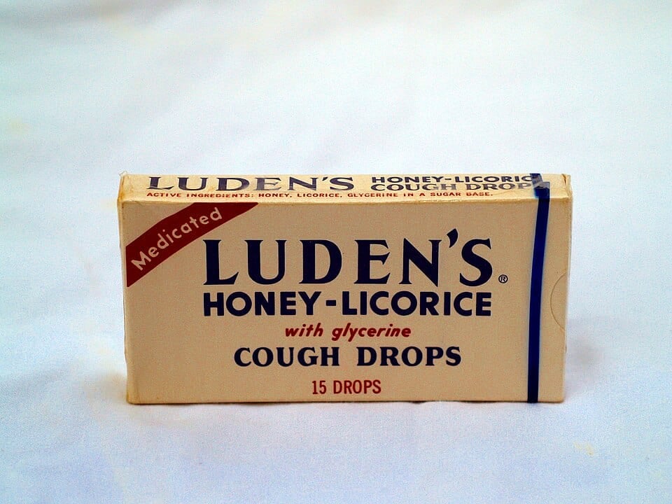 Luden's Honey-Licorice cough drops box with blue and red text on a white background.
