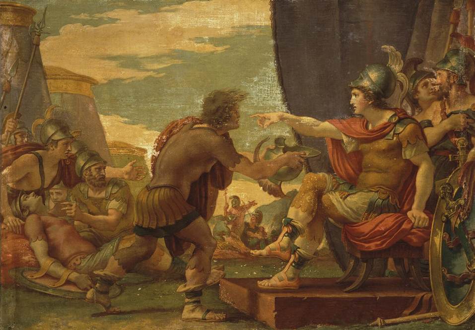 Ancient scene of a man presenting a gift to a seated king or ruler.