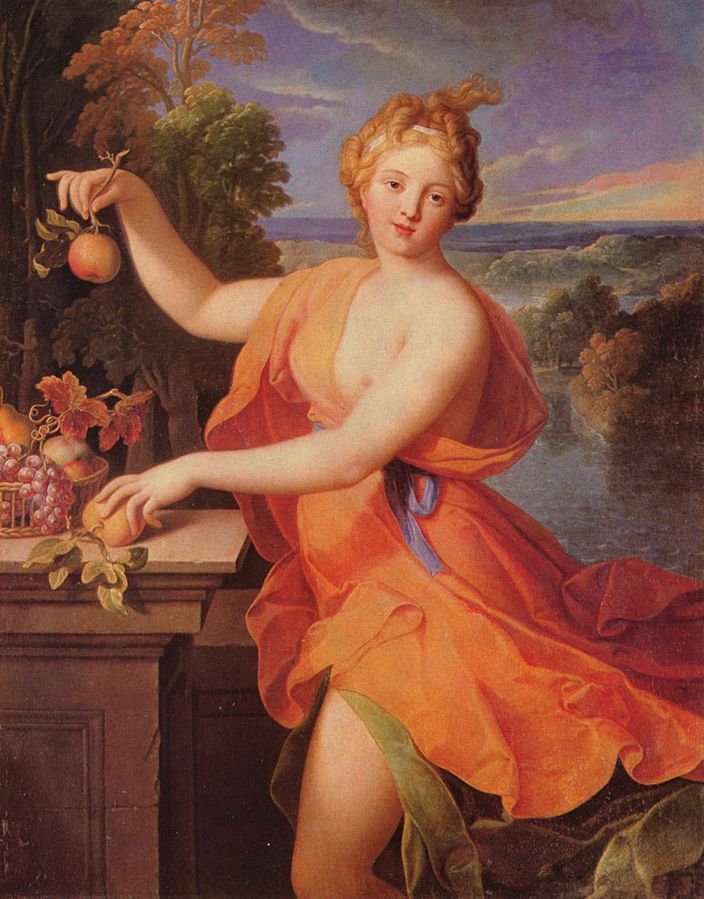 A painting of the goddess Pomona with apples