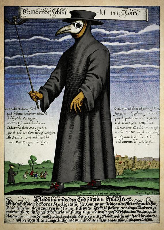 Historical illustration of a plague doctor, wearing a black robe and a beaked mask