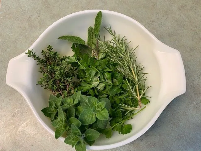 A white bowl with cutting celery leaves, rosemary, oregano, thyme, and sage leaves