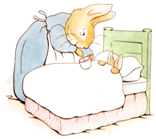 Illustration of Peter Rabbit's mother putting him to bed with a cup of chamomile tea