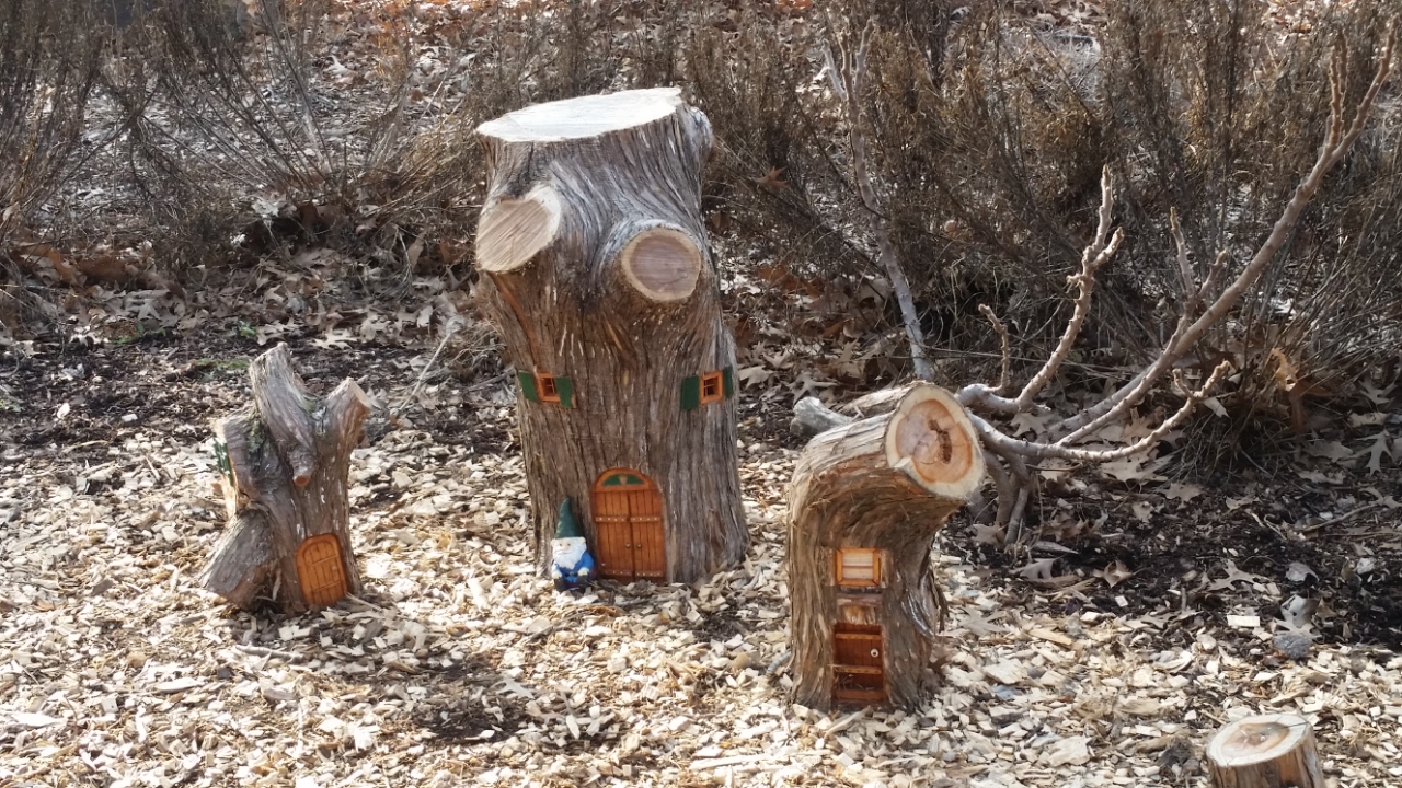 Miniature houses in tree stumps for Fairy Garden