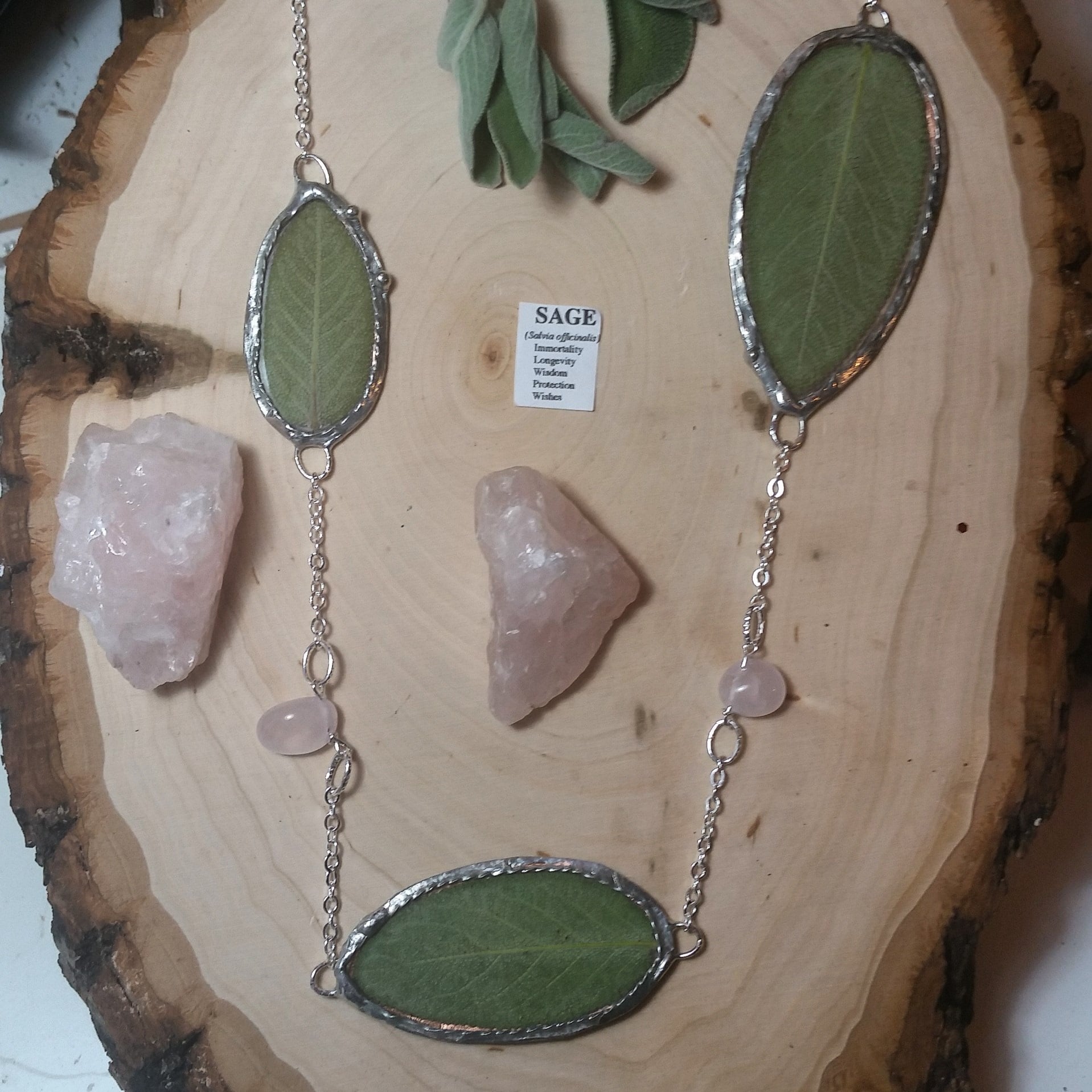 Sage Leaves rose Quarts necklace