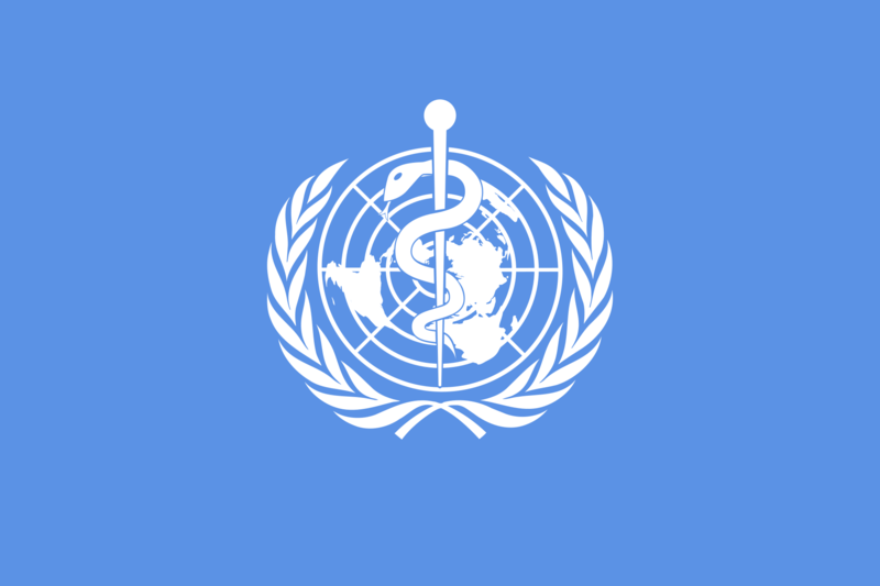 World Health Organization flag; white stylized laurel leaves around a map of the world and the rod of Asclepius, all on a blue background